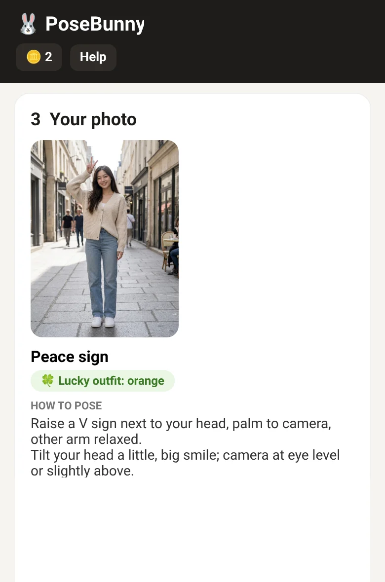 PoseBunny pre-release app screen showing the Peace sign pose with step-by-step tips